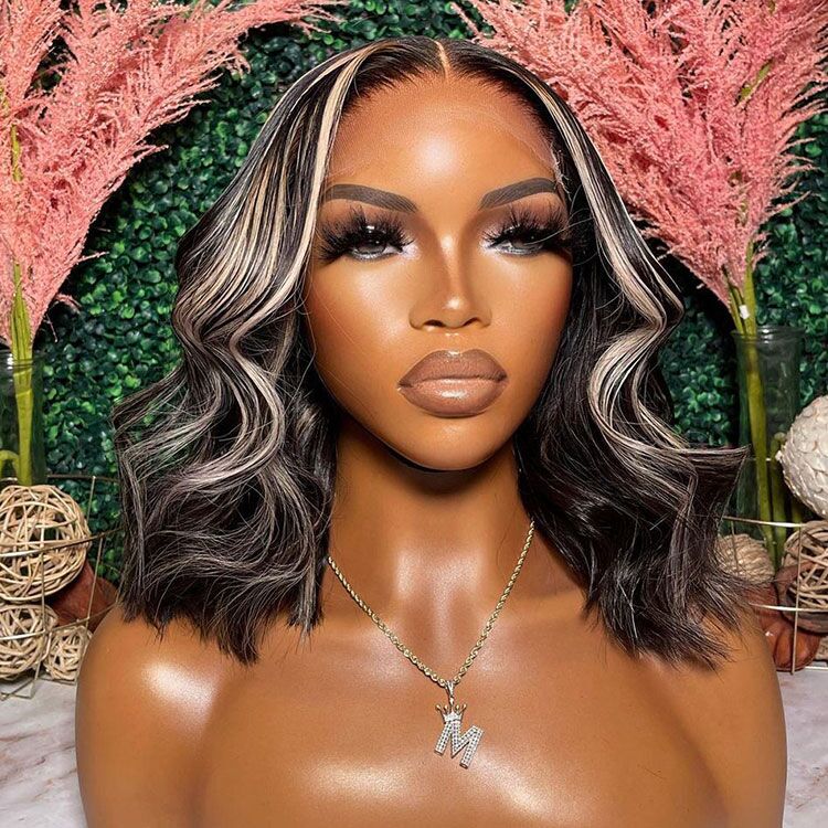 Jennifer - Black Bob Wig With Highlights Middle Part Bob Lace Wigs