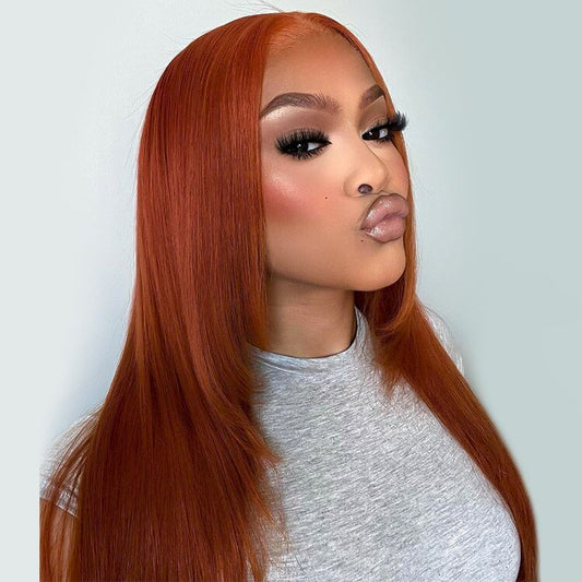 Straight Burnt Orange Wig Layered Human Hair Middle Part 5x5 Lace Wigs Layer Cut