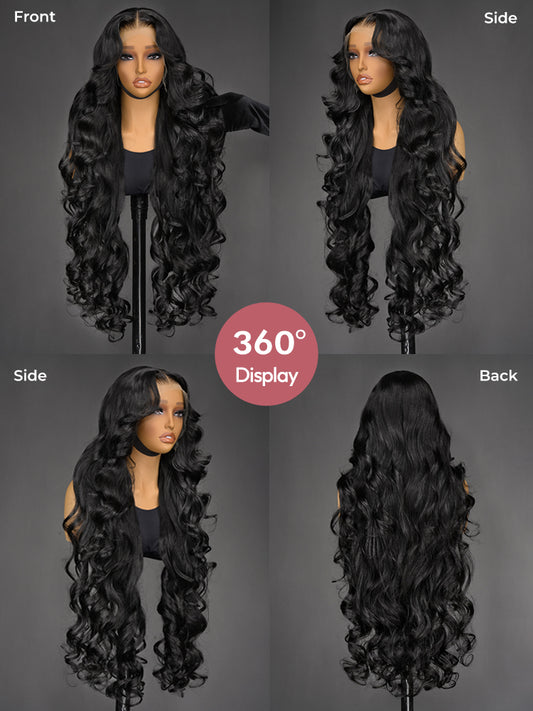 30-40 Inch Natural Black Ocean Wave Layered Long Wig 13x6 HD Lace Front Wig 250% Density Glueless & Breathable