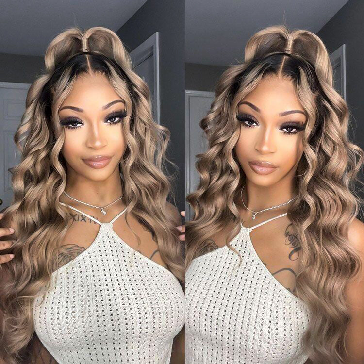 Ash Blonde Wig With Dark Roots Body Wave Ombre Lace Front Human Hair Wig