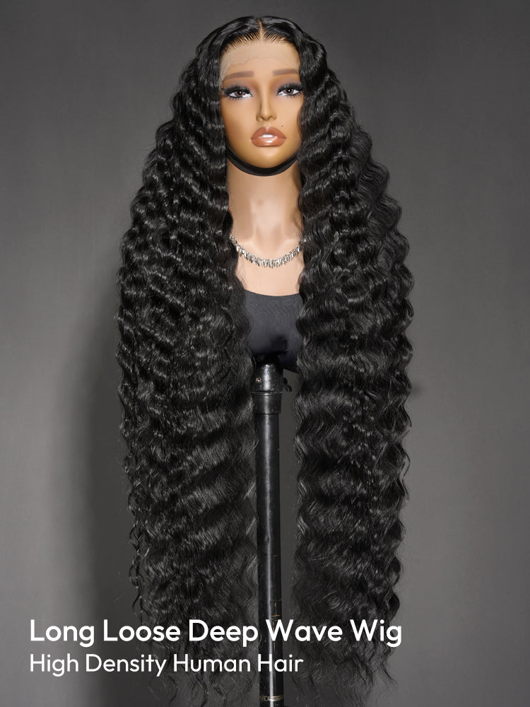 Loose Deep Curly 13x6 HD Lace Frontal Long Wig Natural Black 40Inch 250% Density Wig
