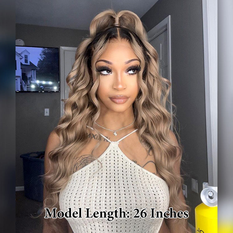 Ash Blonde Wig With Dark Roots Body Wave Ombre Lace Front Human Hair Wig