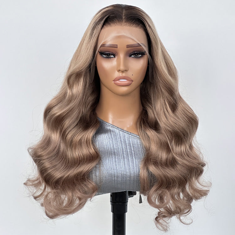 Ash Blonde Wig With Dark Roots Body Wave Ombre Lace Front Human Hair Wig