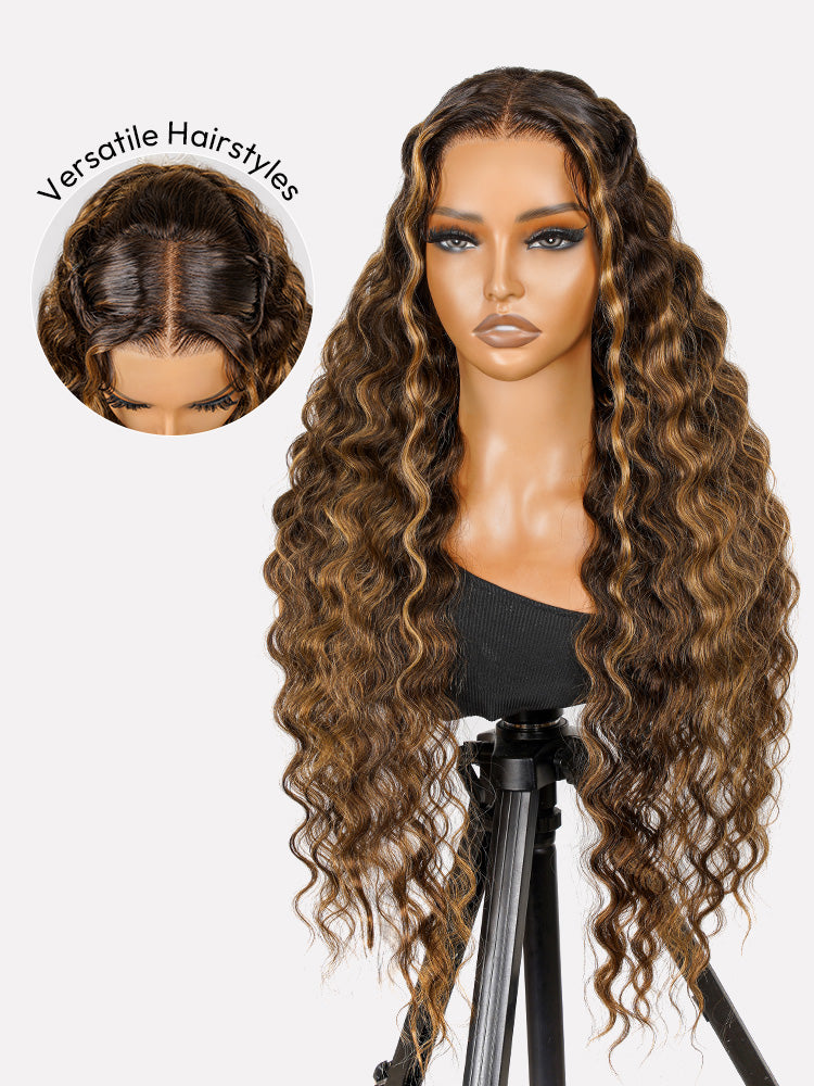 Pre-Styled Honey Blonde Highlight Wig Glueless 13x4 Crimped Wavy Lace Front Wig Ready to Go