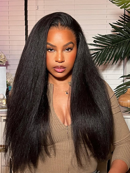 Glueless Ready To Go Wigs - Yaki Straight 4*7 Pre-cut Lace Closure Wig Human Hair