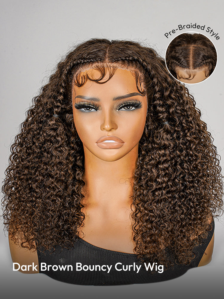 Pre-Styled #4 Dark Brown Jerry Curly Wigs Pre-Cut Ready To Go 13x4 Glueless Lace Front Wigs With Baby Hair