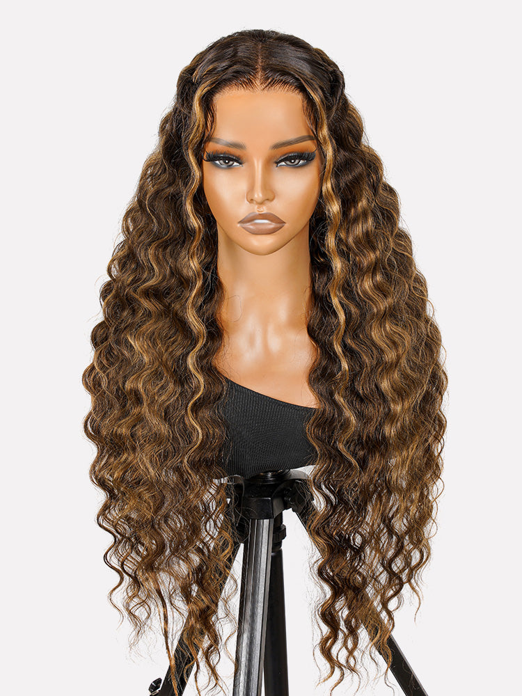 Pre-Styled Honey Blonde Highlight Wig Glueless 13x4 Crimped Wavy Lace Front Wig Ready to Go