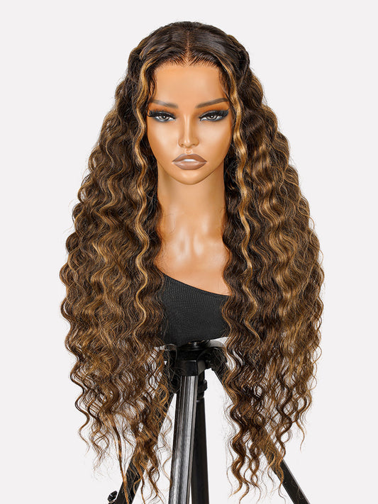 Pre-Styled Honey Blonde Highlight Wig Glueless 13x4 Crimped Wavy Lace Front Wig Ready to Go