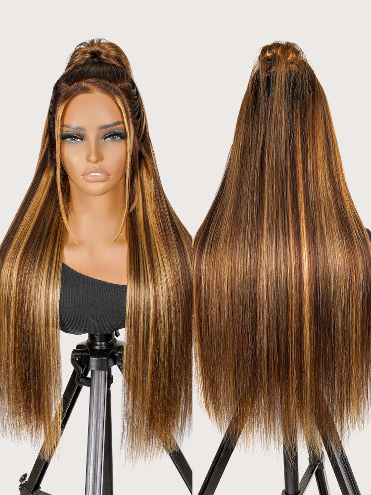 Ready to Go Stylist Wig-Brown and Honey Blonde Highlight Wig Pre-Max Glueless Silky Straight 13x4 Lace Front Wig