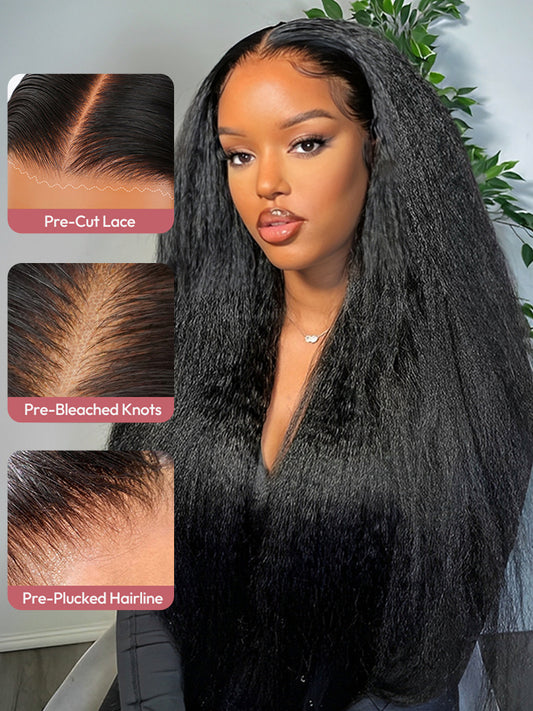 Glueless Ready To Go Wigs - Yaki Straight 4*7 Pre-cut Lace Closure Wig Human Hair