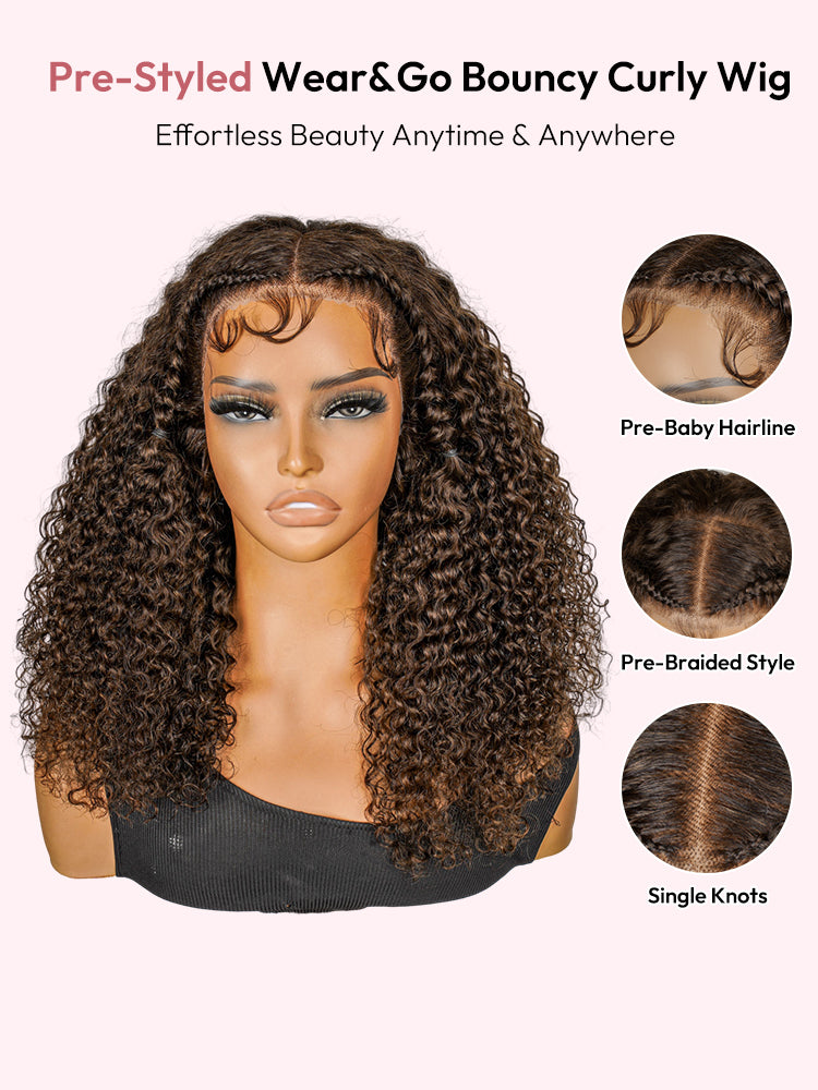 Pre-Styled #4 Dark Brown Jerry Curly Wigs Pre-Cut Ready To Go 13x4 Glueless Lace Front Wigs With Baby Hair