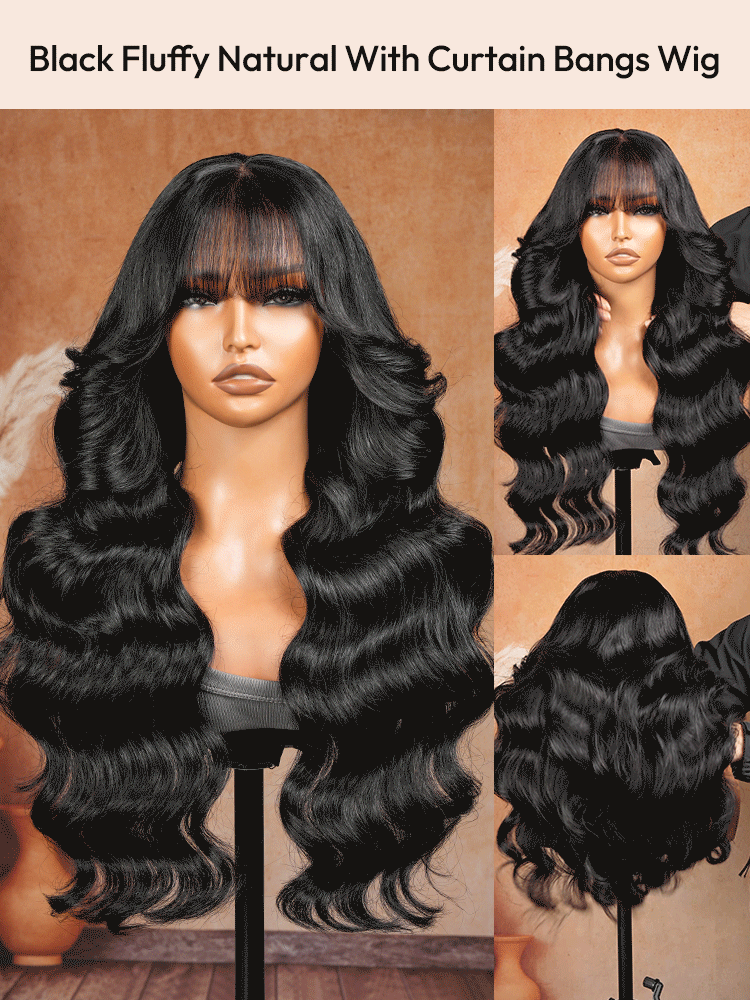Pre-Everything Customized Wave Wig Black Fluffy Natural With Curtain Bangs Wig