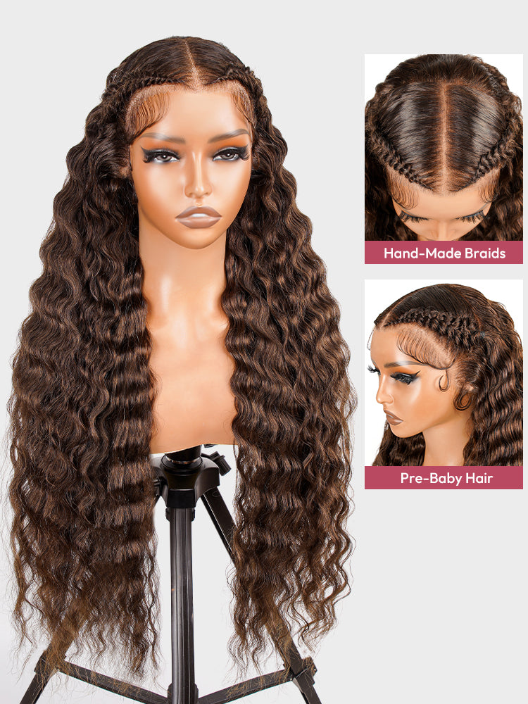 #4 Brown Pre-Braided Deep Crimped Stylist Wig Knotless 13x6 Super Invisible LY Lace Front Wig