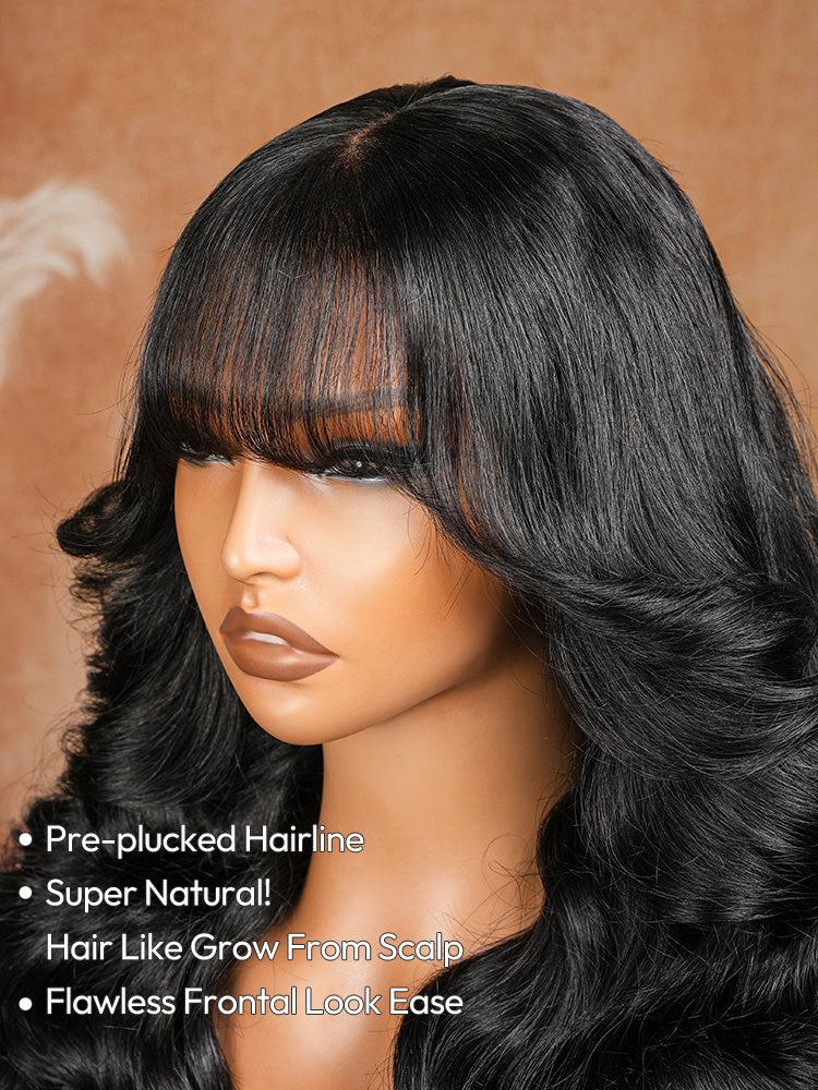 Pre-Everything Customized Wave Wig Black Fluffy Natural With Curtain Bangs Wig