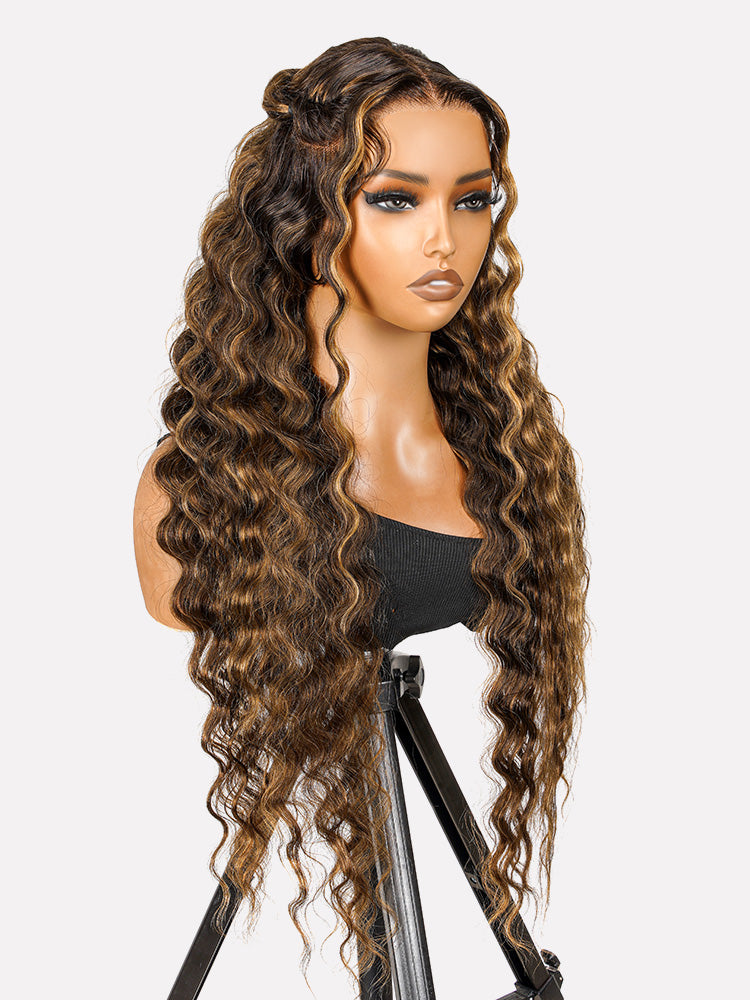 Pre-Styled Honey Blonde Highlight Wig Glueless 13x4 Crimped Wavy Lace Front Wig Ready to Go