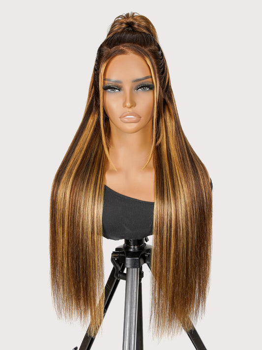 Ready to Go Stylist Wig-Brown and Honey Blonde Highlight Wig Pre-Max Glueless Silky Straight 13x4 Lace Front Wig