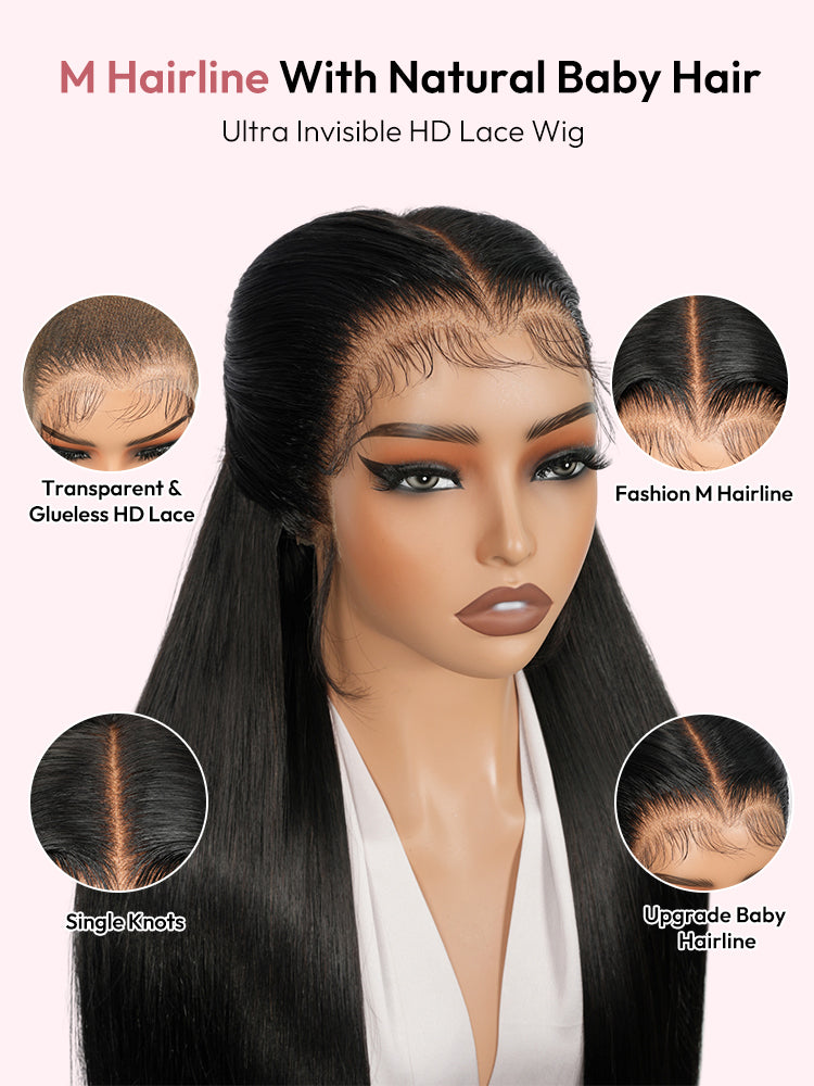 13x6 HD Lace Front Wig With Natural Balck Straight M Hairline with Baby Hair 300% High Density With Bouncy Human Hair