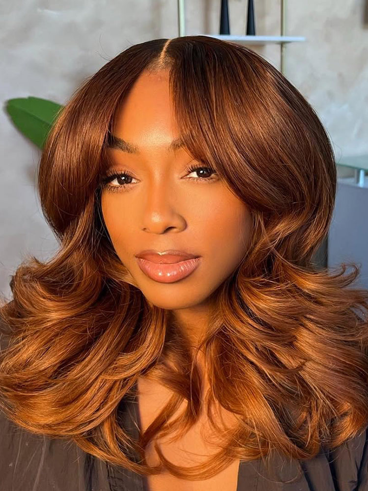 Cinnamon Brown Pre-Everything Loose Wave Wig Colored Glueless Lace Wigs With Bangs