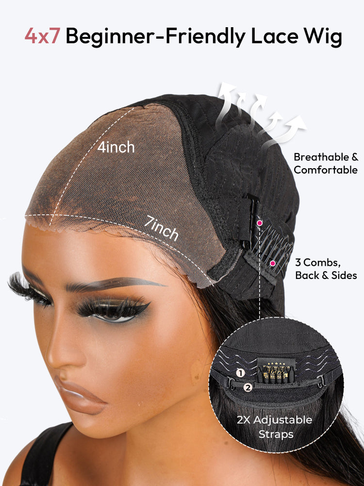 Glueless Ready To Go Wigs - Yaki Straight 4*7 Pre-cut Lace Closure Wig Human Hair