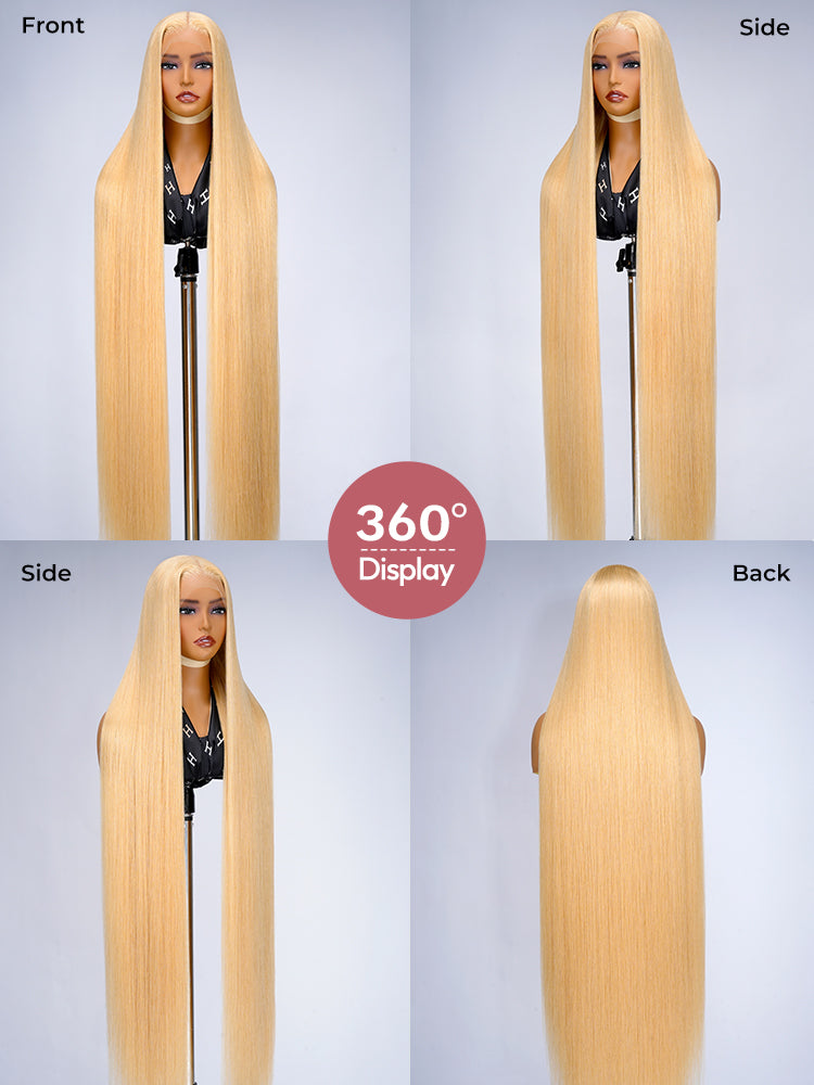 Honey Blonde 50 Inch Straight Long Wig 250% High Density 13x6 Undetectable HD Lace Human Hair Wig