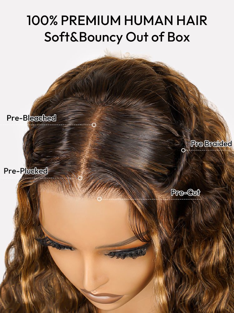 Pre-Styled Honey Blonde Highlight Wig Glueless 13x4 Crimped Wavy Lace Front Wig Ready to Go