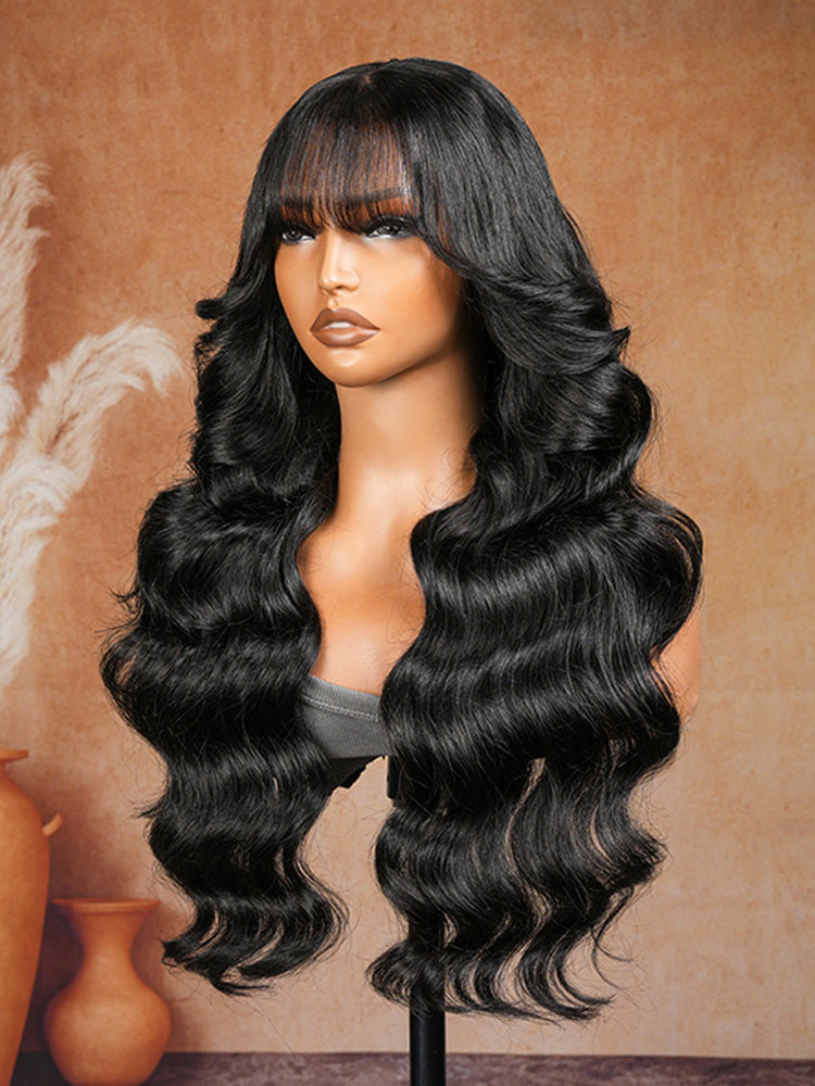 Pre-Everything Customized Wave Wig Black Fluffy Natural With Curtain Bangs Wig