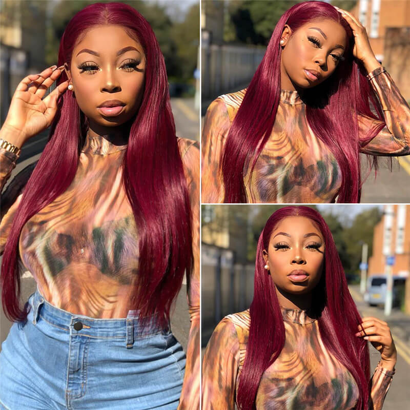 1B/99J 99J Colored Lace Front Wigs Straight Pre Plucked Human Hair With Baby Hair