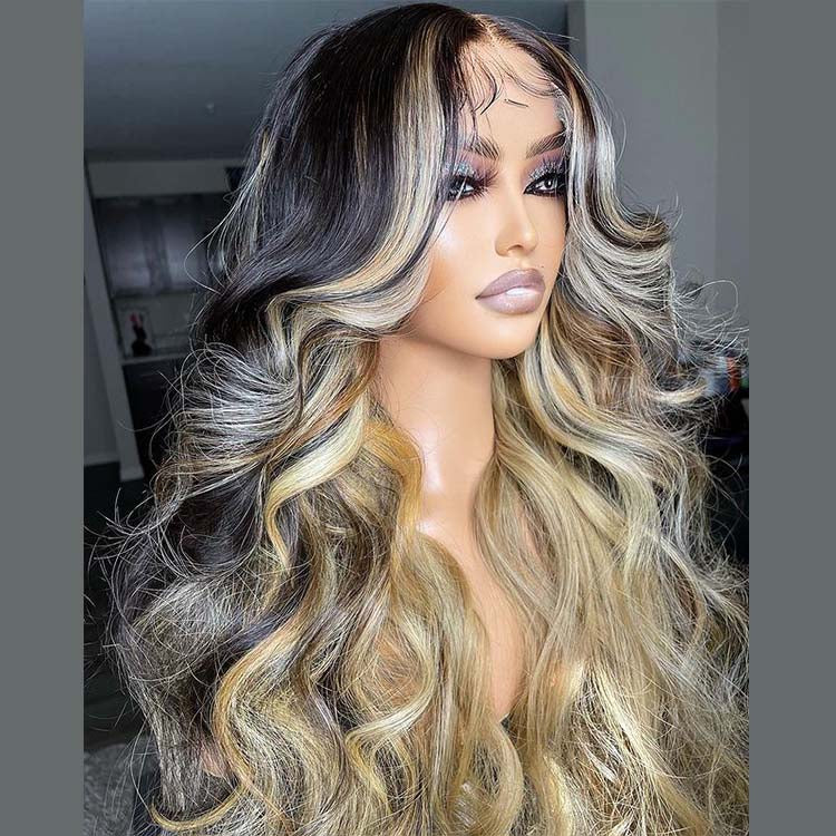 Body Wave Black Human Hair Wigs With Brown And Blonde Highlights