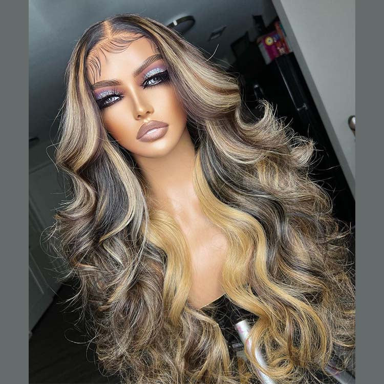 Body Wave Black Human Hair Wigs With Brown And Blonde Highlights