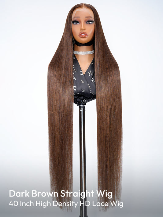 40 Inch Dark Brown Straight Long Wig 300% Density No Glue Need 13x6 HD Lace Human Hair Wig
