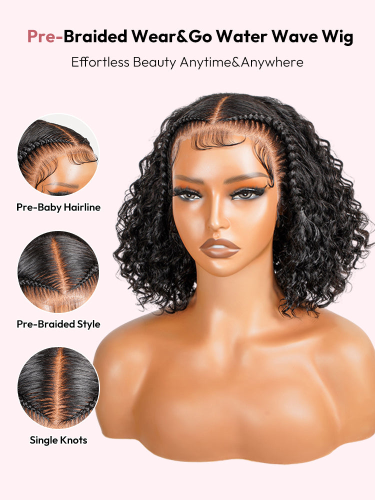 Pre-Braided Natural Black Water Wave Wigs Pre-Cut Ready To Go 13x4 Glueless Lace Front Wig With Baby Hair