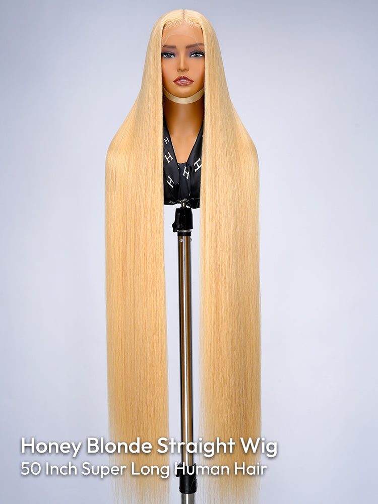 Honey Blonde 50 Inch Straight Long Wig 250% High Density 13x6 Undetectable HD Lace Human Hair Wig