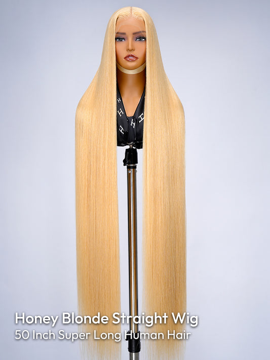 Honey Blonde 50 Inch Straight Long Wig 250% High Density 13x6 Undetectable HD Lace Human Hair Wig