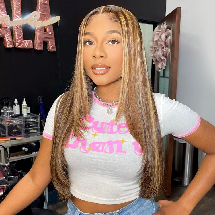 Layered Highlight Wigs Honey Blonde Balayage Highlights Wig Human Hair