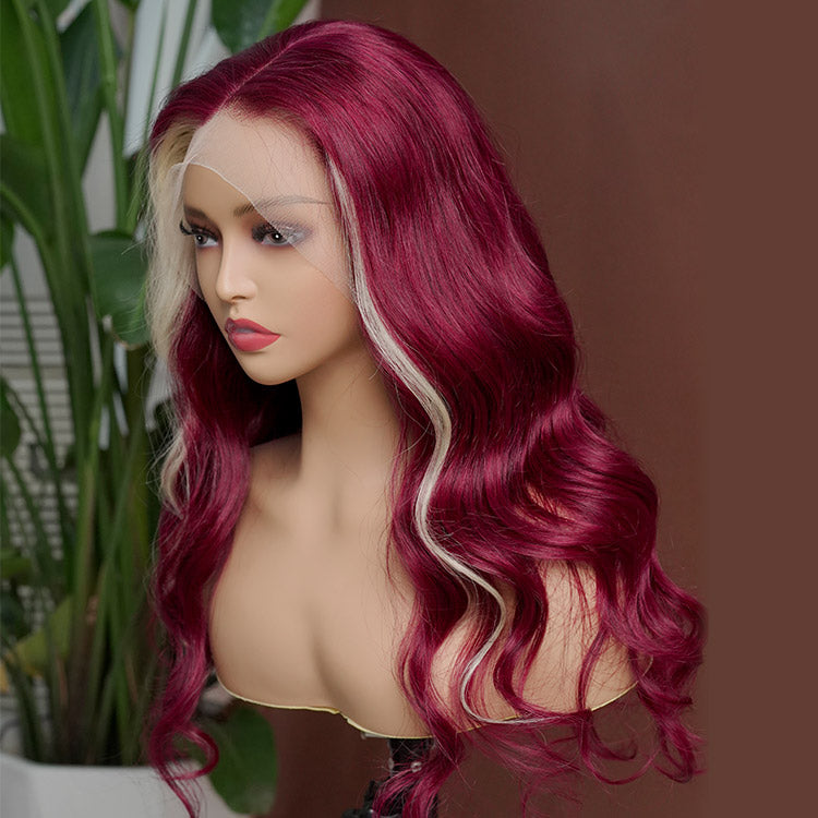 Burgundy & Blonde Skunk Stripe Lace Front Wig Transparent Human Hair Wig