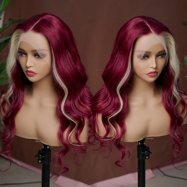 Burgundy & Blonde Skunk Stripe Lace Front Wig Transparent Human Hair Wig