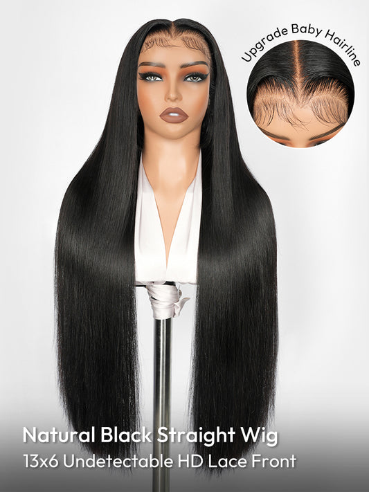 13x6 HD Lace Front Wig With Natural Balck Straight M Hairline with Baby Hair 300% High Density With Bouncy Human Hair