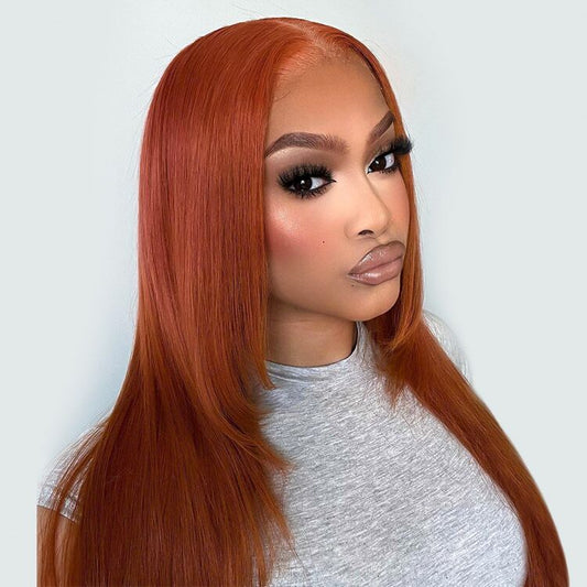Straight Burnt Orange Wig Layered Human Hair Middle Part 5x5 Lace Wigs Layer Cut